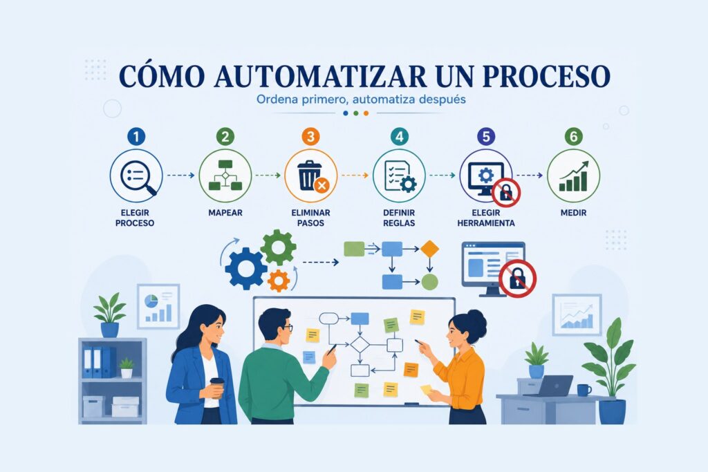 Infografia con los 6 pasos para automatizar un proceso: elegir, mapear, eliminar pasos, definir reglas, elegir herramienta y medir