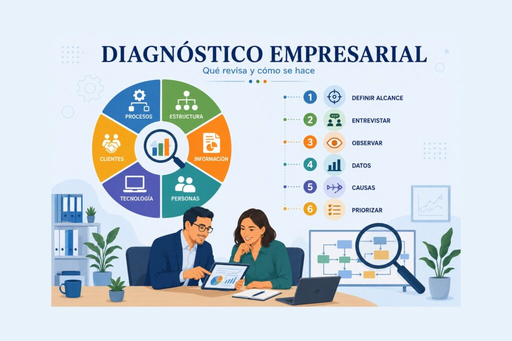 Infografia de diagnostico empresarial: las 6 areas que revisa y los 6 pasos del metodo