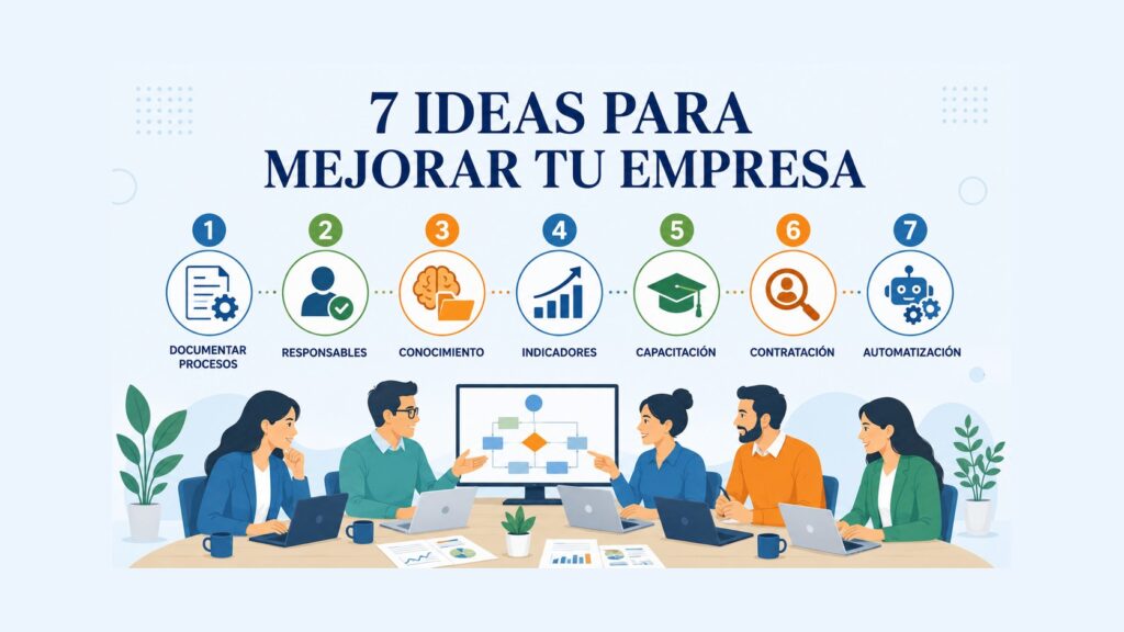 Infografia con 7 areas para mejorar una empresa: documentar procesos, responsables, conocimiento, indicadores, capacitacion, contratacion y automatizacion