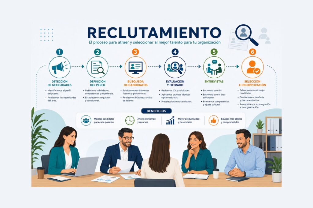 Infografia del proceso de reclutamiento de personal: 6 etapas y beneficios