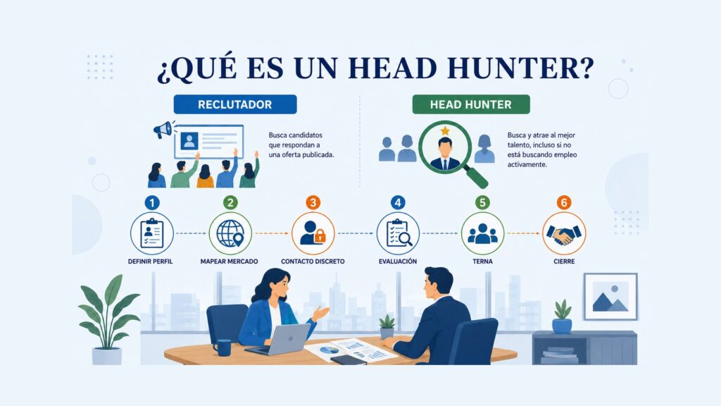 Infografia que compara reclutador vs head hunter y muestra las 6 fases de una busqueda de ejecutivos