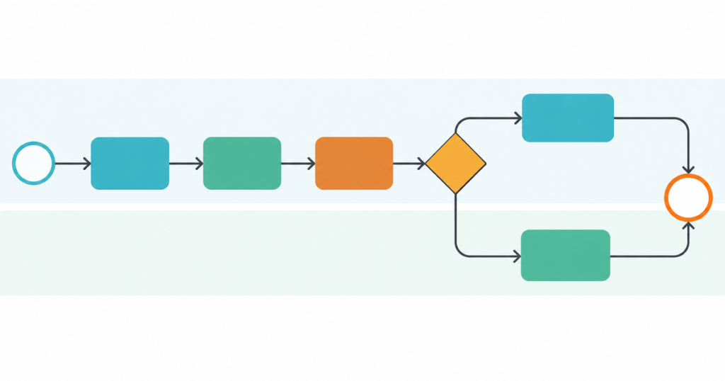 Diagrama de un proceso de negocio en notación BPMN 2.0 con carriles, tareas, compuerta de decisión e inicio y fin