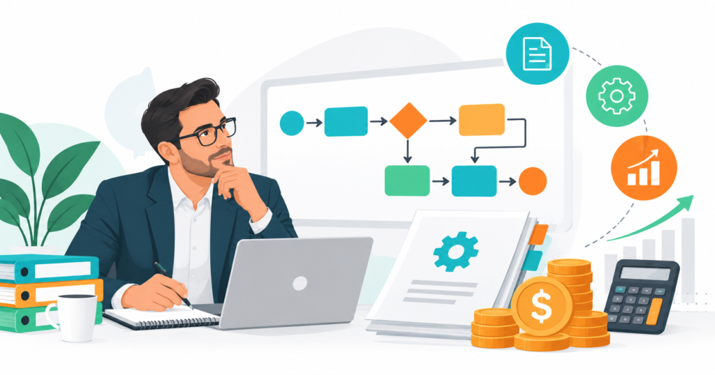 Consultor analizando el costo de documentar procesos de negocio con calculadora, monedas y un diagrama BPMN