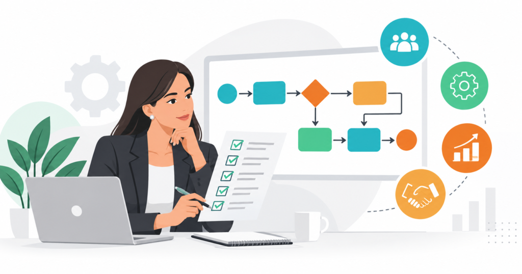 Consultora evaluando criterios y un diagrama de procesos BPMN para elegir una consultoría de procesos para una PyME