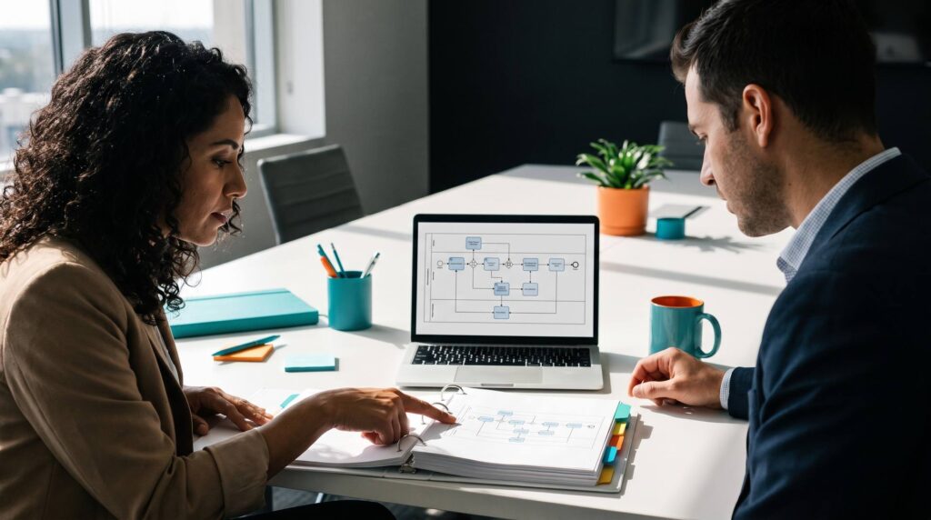 Responsable de operaciones y colega revisan un manual de procesos con diagrama BPMN